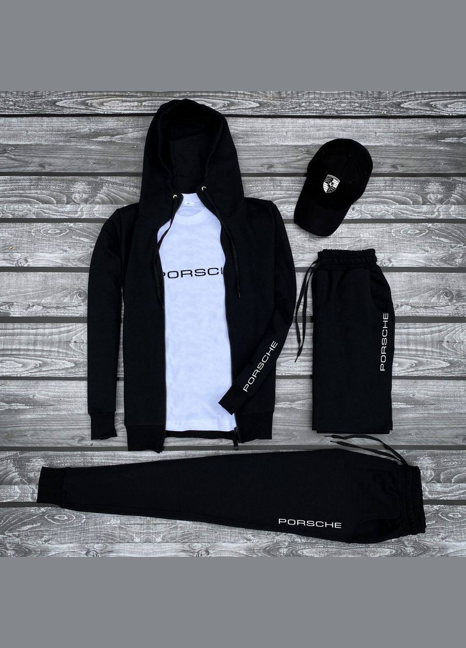 Черный комплект 5 в 1 porsche хлопок,кофта,штаны,шорты,футболка,кепка No Brand