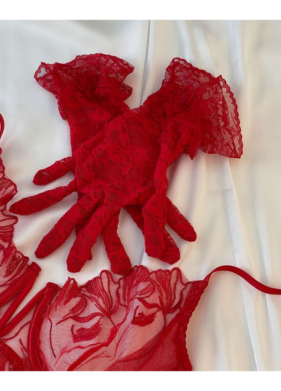 Червоний демісезонний жіночий комплект patricia бюстгальтер пояс з гартерами трусики рукавички червоний мереживний набір білизни No Brand Комплект