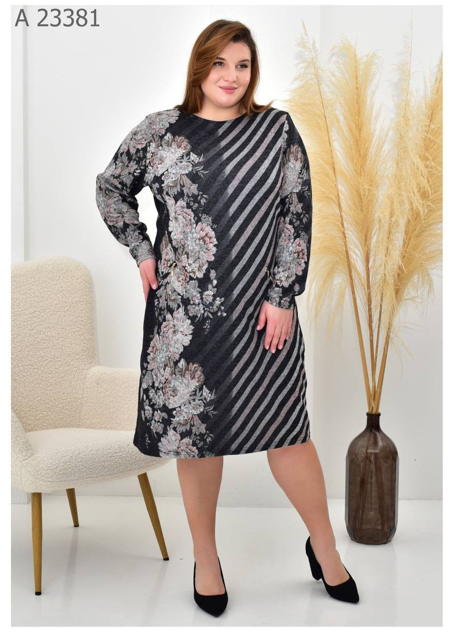 Серое повседневный женское платье большого размера SK с цветочным принтом