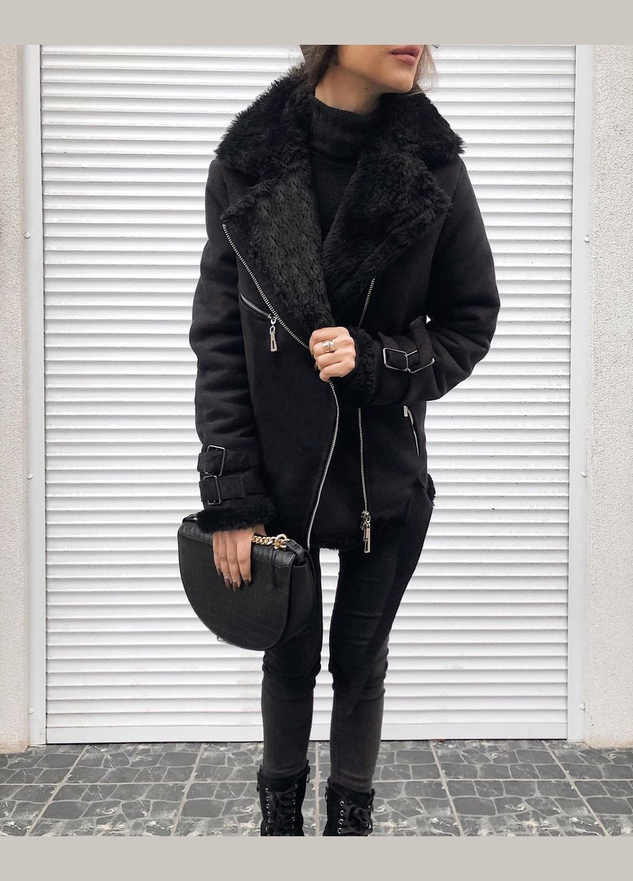 Дубленка авиатор черная эко-замш 70 см AL (292305106)