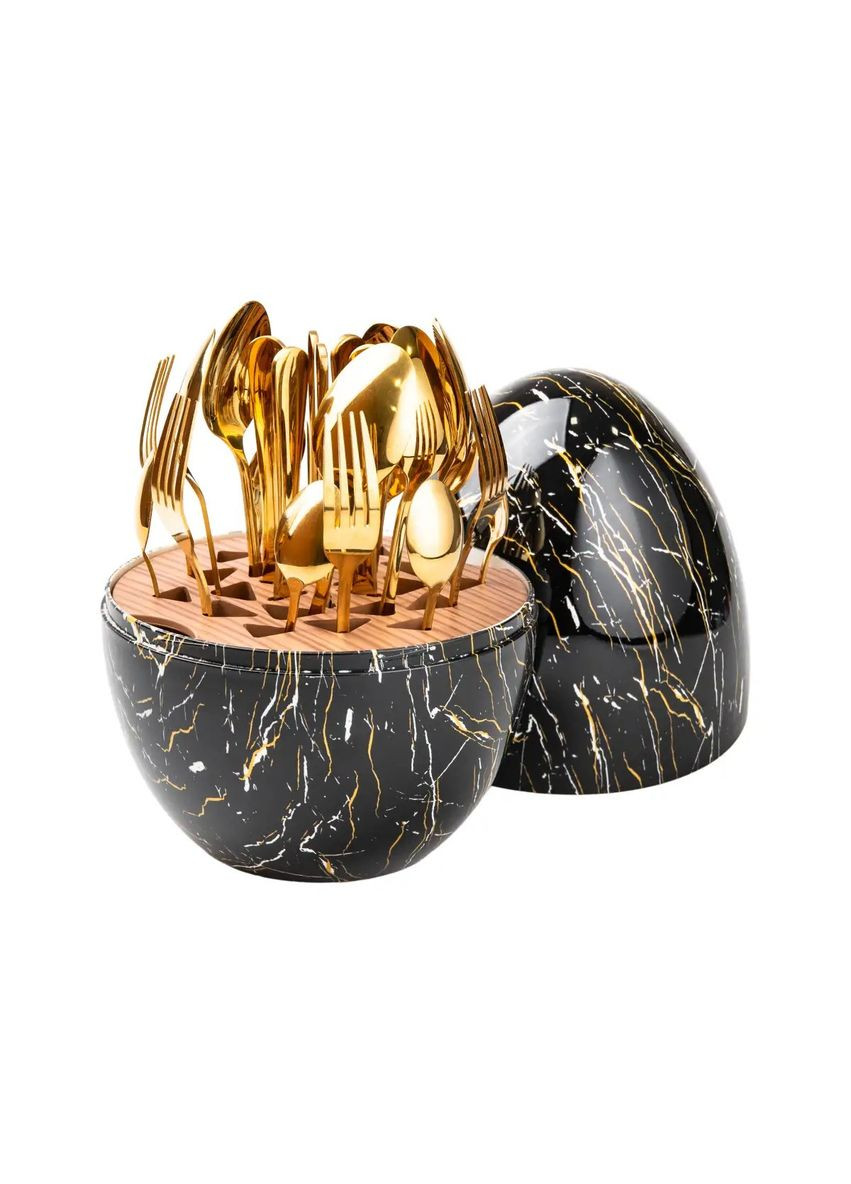 Набор столовых приборов на 6 персон из нержавеющей стали золотые 24 штуки в яйце TS Kitchen Черный мрамор No Brand (317311023)