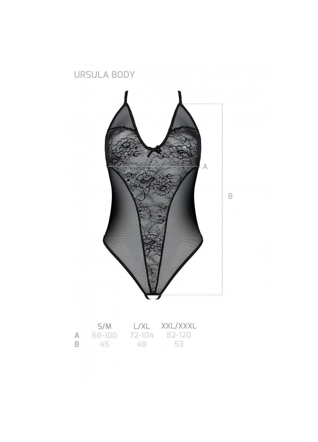 Напівпрозоре боді — Ursula Body Black, з ажурним декором та відкритою промежиною Passion (334305578)