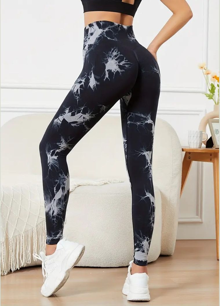 Женские бесшовные фитнес лосины тай-дай мраморные с эффектом пуш ап и высокой талией No Brand (327243143)