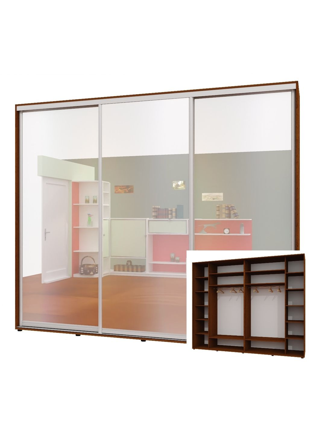 Шафа-купе тридверна 300*60*250 см Горіх лісовий 3 двері Дзеркало Люкс-147 Алекса (360445219)