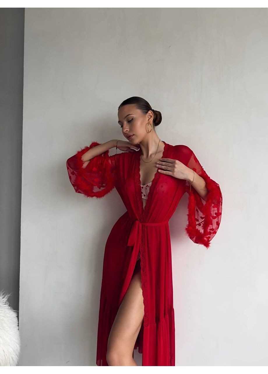 Красный халат с кружевом и пушистыми рукавами, длинный женский халат на запах. Халат прозрачный с поясом и мерой No Brand (366571609)