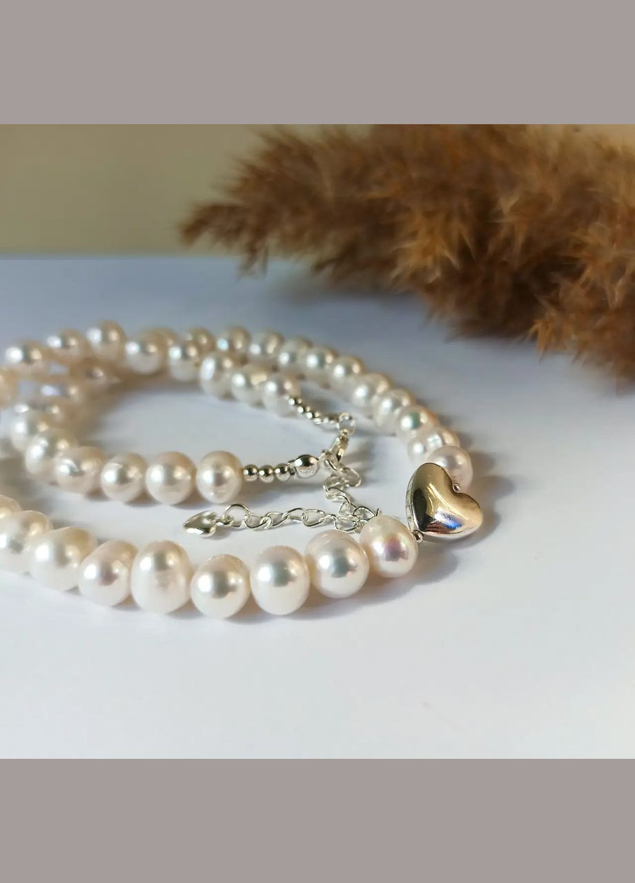 Чокер речной Жемчуг + сердце серебряного цвета, d-9мм+- L-38-43см (цвет фурнитуры серебро) No Brand жемчуг (пресноводный), гематит латунь серебро (304292150)