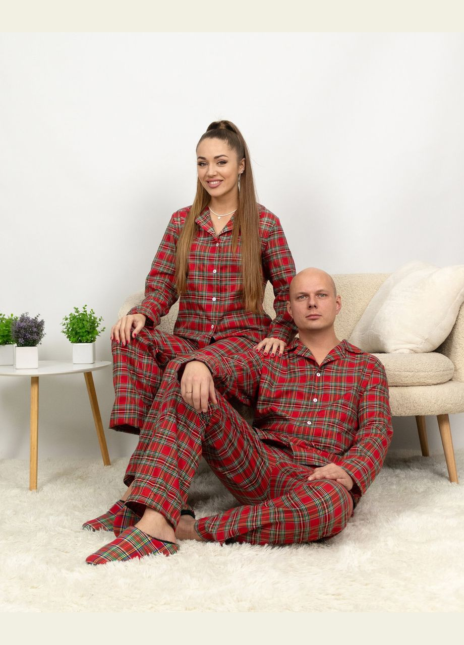 Червона всесезон піжама жіноча домашня фланелева сорочка зі штанами червона з зеленим клітинка Maybel