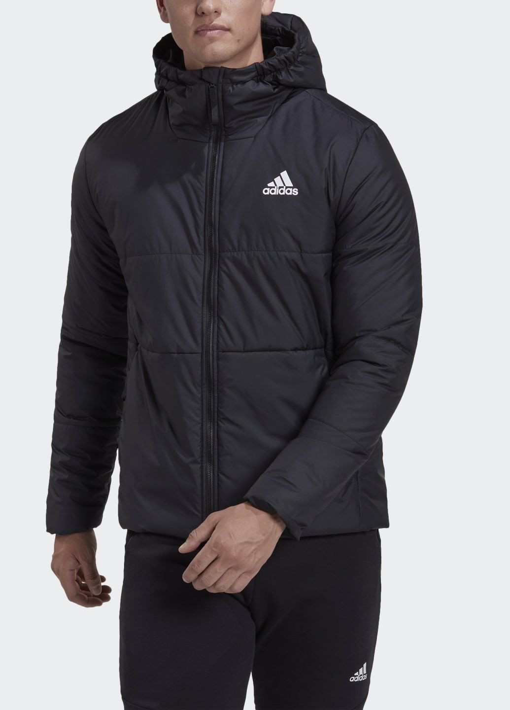Черная демисезонная утеплённая куртка с капюшоном bsc 3-stripes adidas