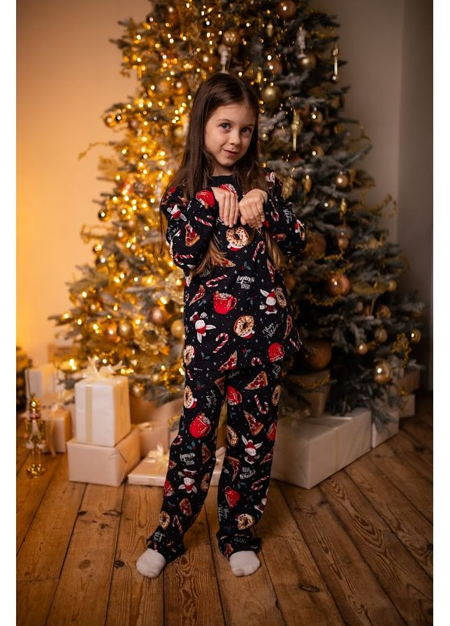 Темно-синя зимня утеплена піжама дитяча унісекс (штани та кофта ) з новорічним принтом hc (h001-6076) Носи своє