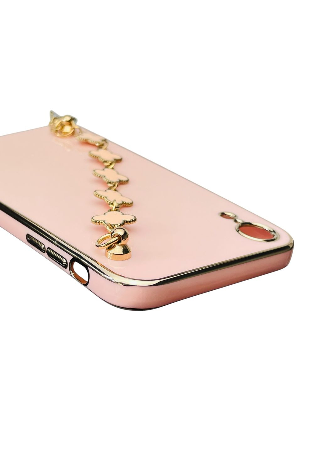 Чехол для телефона iPhone Xr женский с ремешком и украшениями и золотой окантовкой на айфон хр пудровый gs1 Apple (366232664)