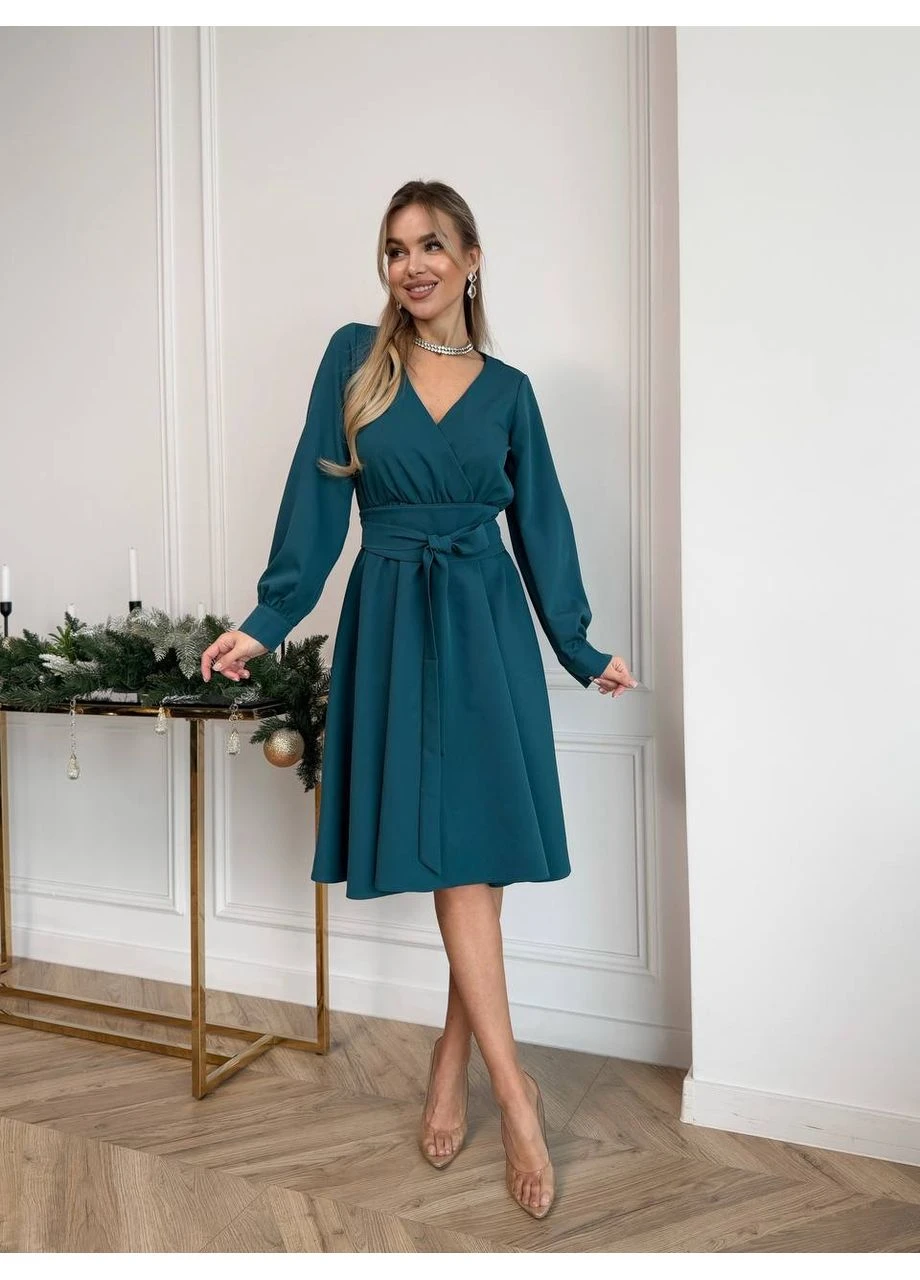 Морської хвилі сукня міді з поясом Fashion