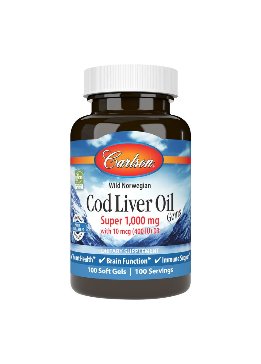Жир из печени Норвежской Трески, 1000 мг, Cod Liver Oil,, 100 гелевых капсул Carlson Labs (322741208)