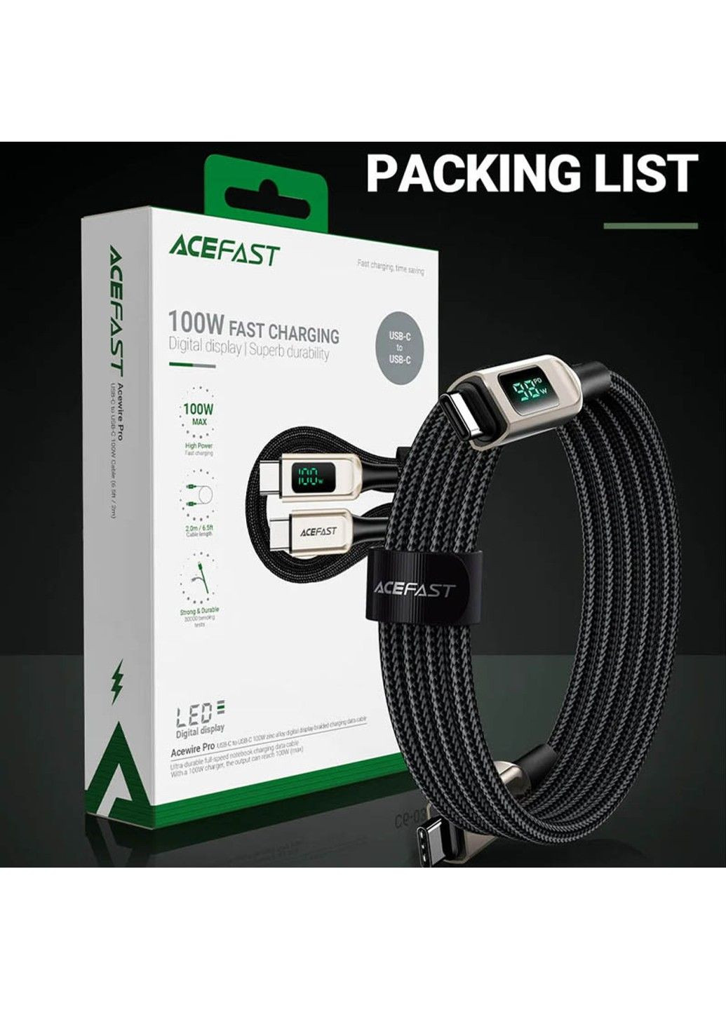 Дата кабель C6-03 USB-C to USB-C 100W zinc alloy digital display braided (1m) Acefast (282628082)