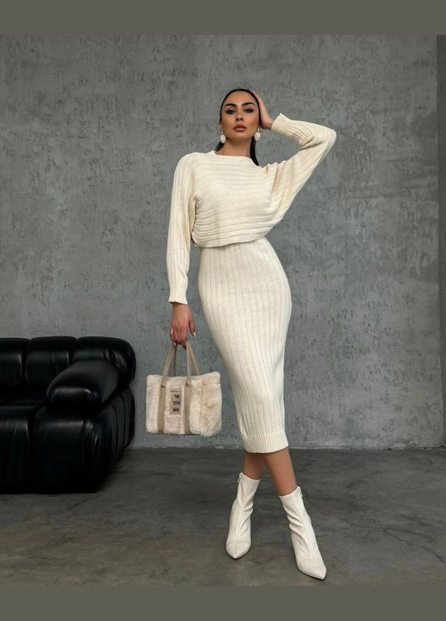 Бежевый демисезонный элегантный бежевый универсальный комплект (платье-миди+свитер) из турецкой ткани, демисезонное платье+свитер No Brand 1593