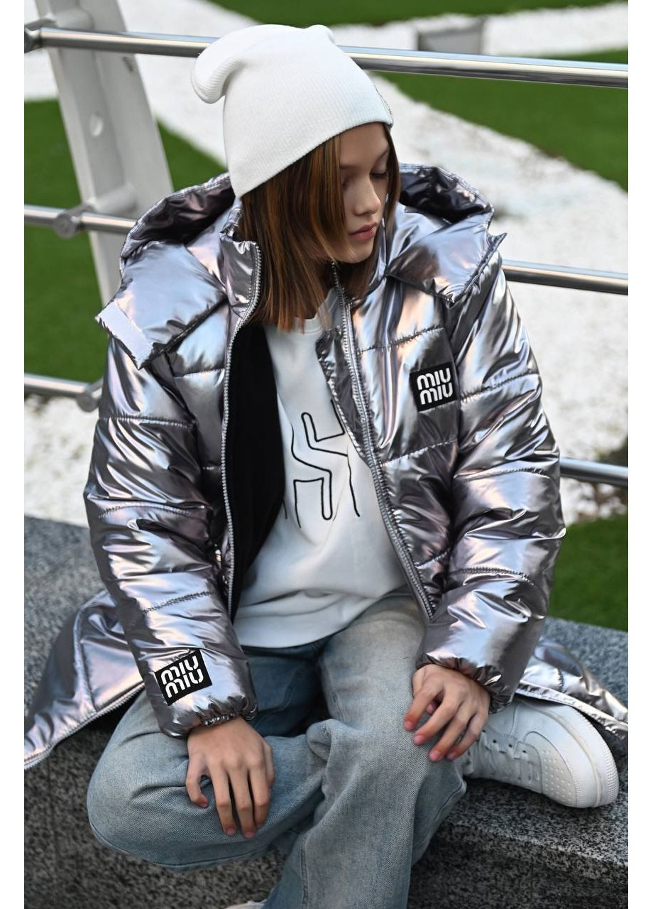 Серая зимняя зимняя удлиненная куртка оверсайз — замер в описании Vione