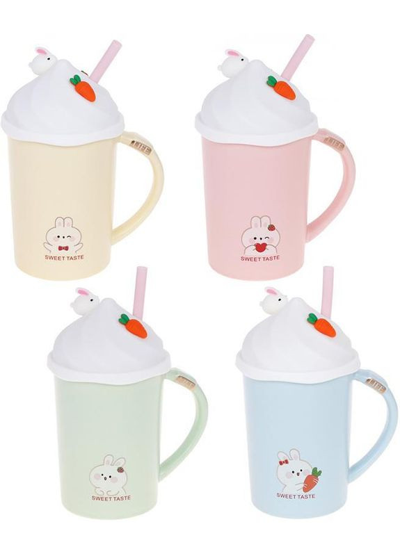 Кружка порцелянова "Sweet Taste" 400мл з силіконовою кришкою і трубочкою, 4 дизайни Bona (330139198)