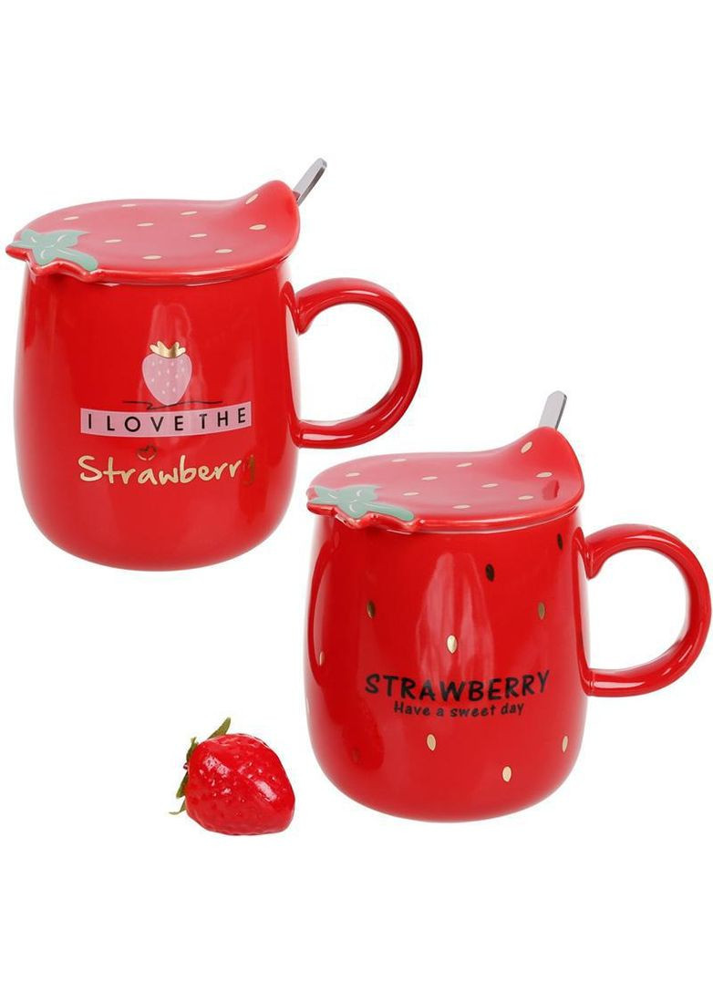 Кружка фарфорова "Полуничка" 420мл з кришкою і ложкою, червона Bona (330139170)