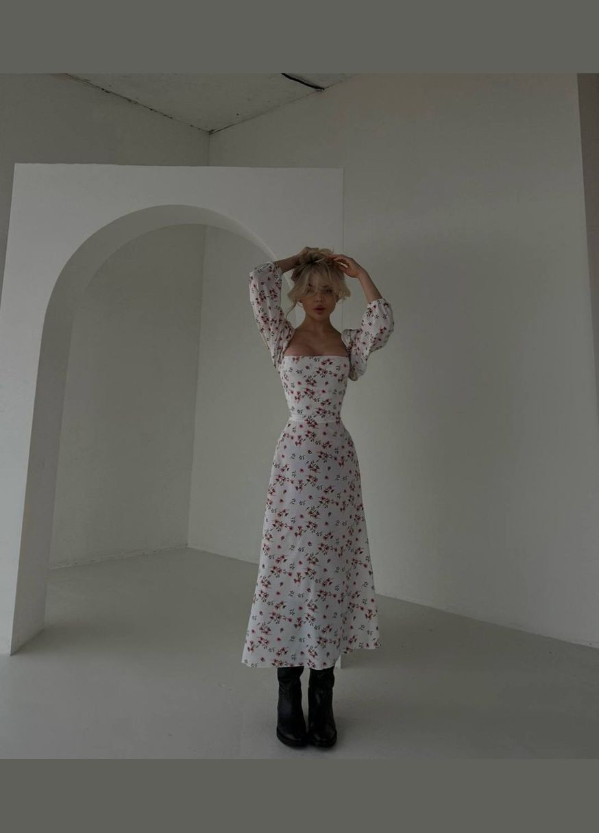 Белое повседневный женское платье с цветочным принтом софт No Brand с цветочным принтом