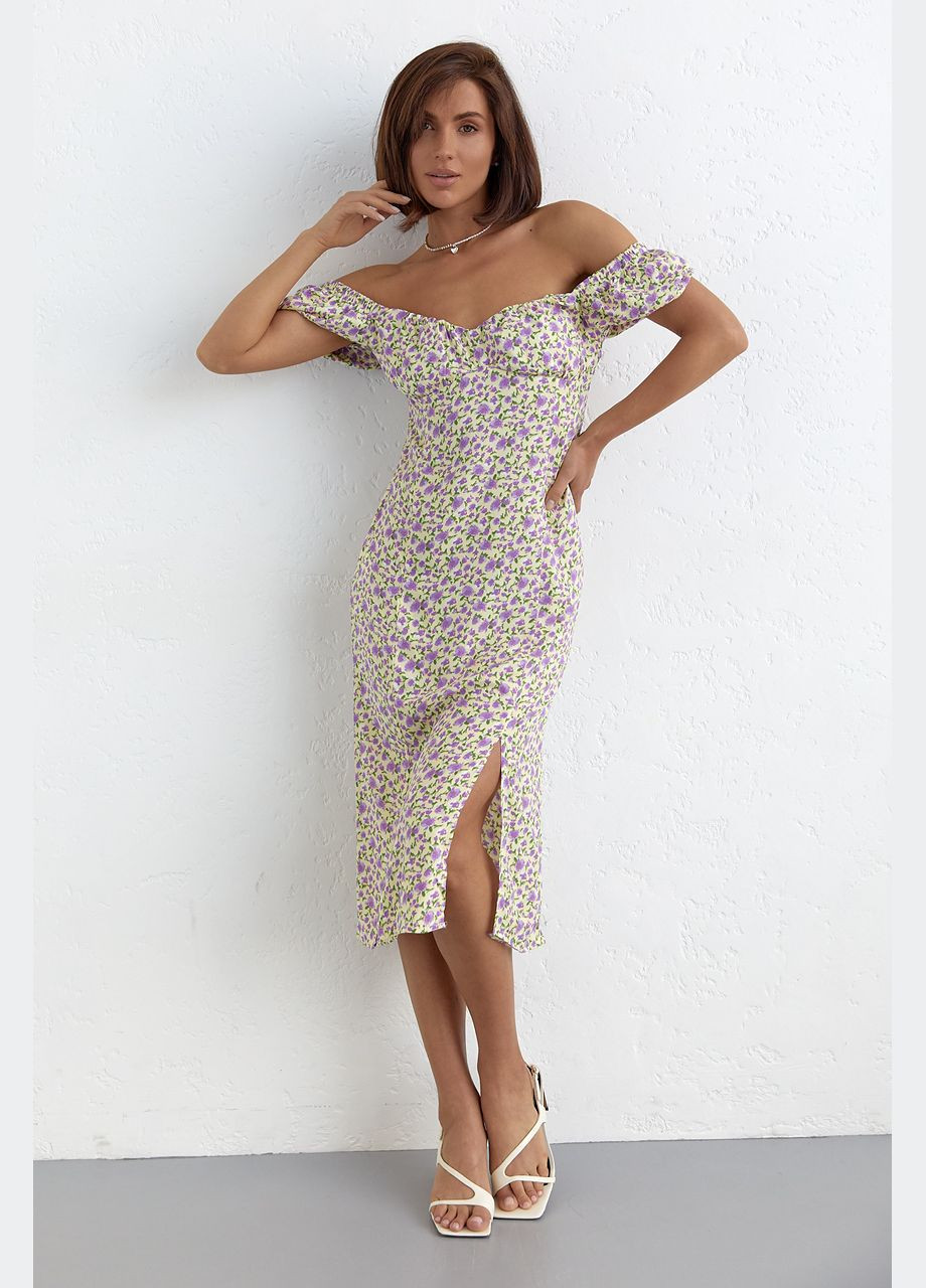 Кремовое повседневный летнее платье с разрезом в цветочный принт 9692 Lurex с цветочным принтом