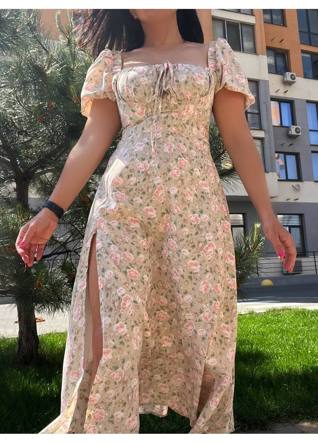 Рожева сукня жіноча літня a-n 2669 квітковий принт розріз шнурок на грудях довге No Brand з квітковим принтом