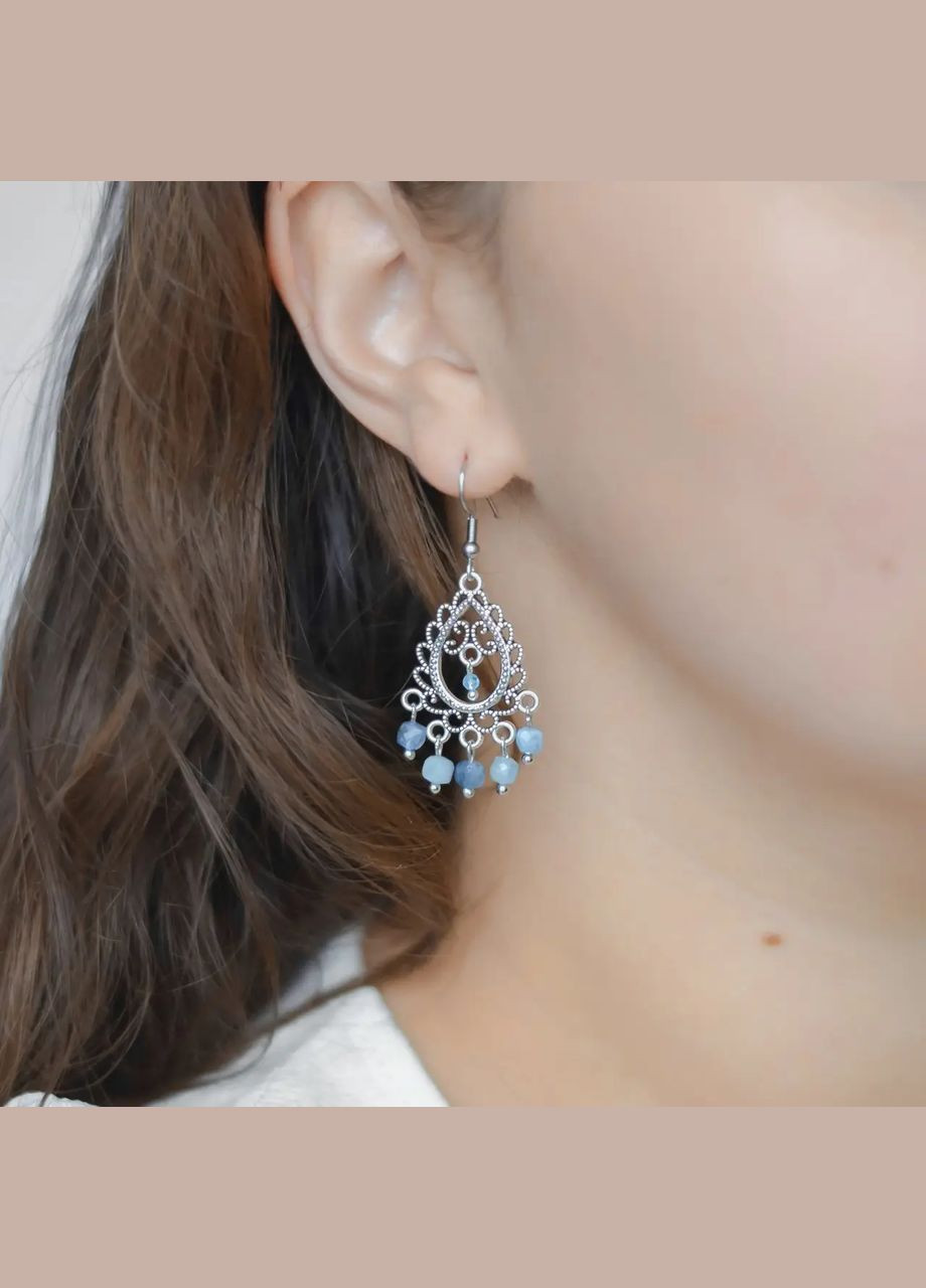 Серьги Ажурные натуральный Турмалин синий кубик + Топаз, фур-ра цвет сталь d-4х2мм+- L-52мм No Brand Підвіски (316324021)