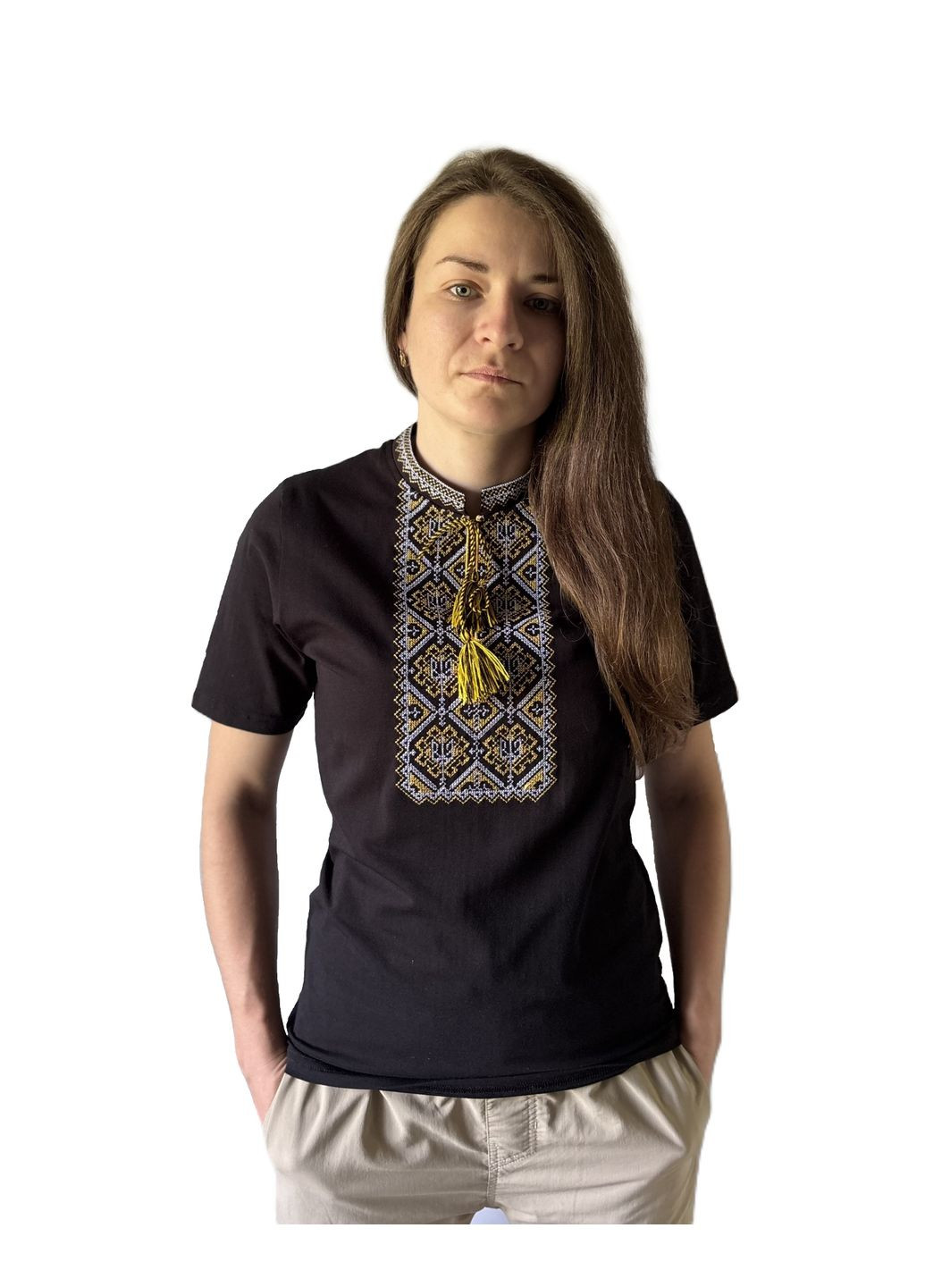 Чорна жіноча чорна вишиванка з орнаментом з тризуб НоКо візерунок орнамент вільна, пряма трикотаж (339606260)