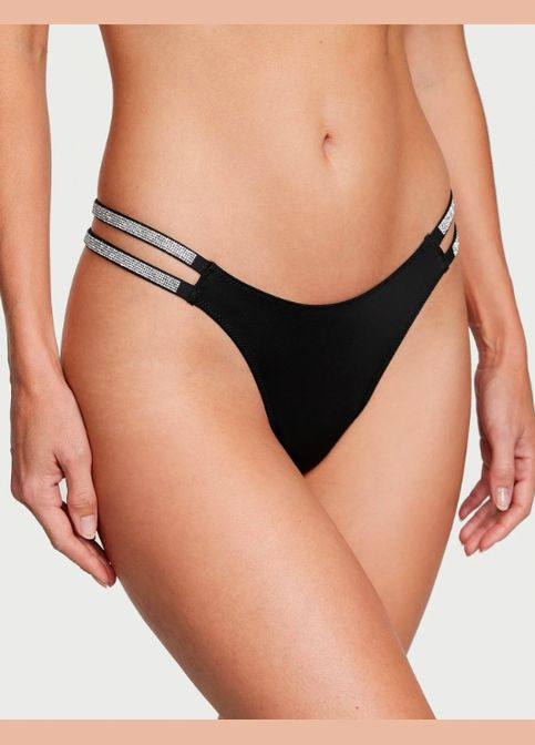 Жіночі трусики камінці зі стразами Double Shine Strap Smooth Thong Panty чорні Victoria's Secret (322074945)