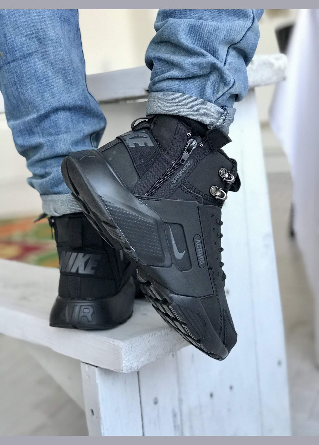 Чорні Зимовий кросівки зимові чоловічі No Brand Huarache X Acronym winter black termo | Найк Хуарачі х Акронум високі термо