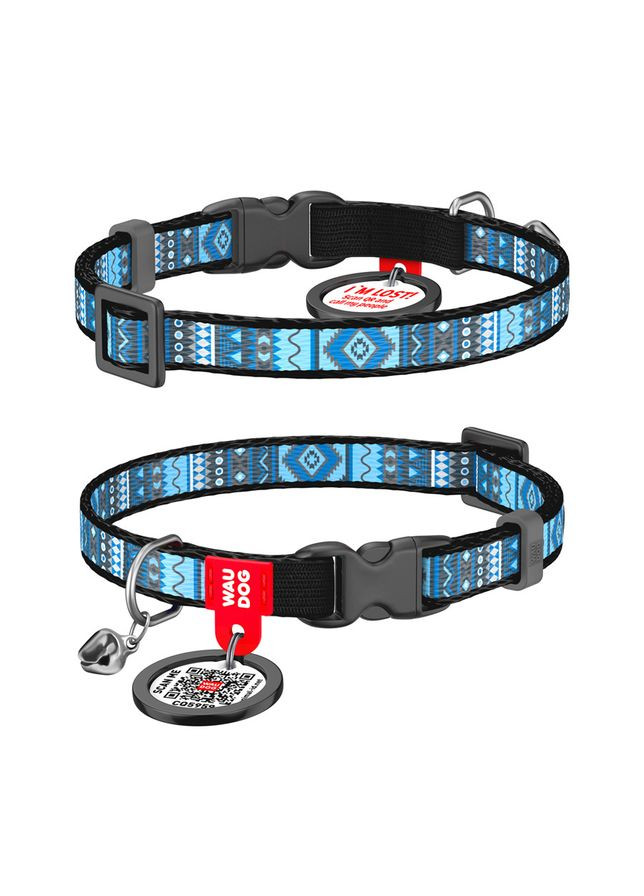 Нашийник для котів нейлоновий WAUDOG Nylon з QR паспортом, малюнок "Етно синій", пластиковий фастекс, Ш 10 мм, Дов 20-30 см No Brand (363197754)