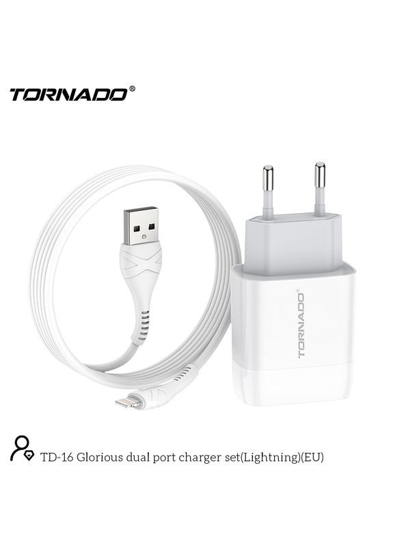 Сетевое зарядное устройство TD-16 (2USB/2.4A/1м) + USB кабель Lightning- белый Tornado (368560831)