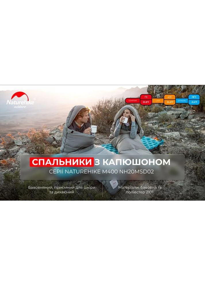 Спальник з капюшоном M400 NH20MSD02, (1°C), лівий, зелений Naturehike (386211225)