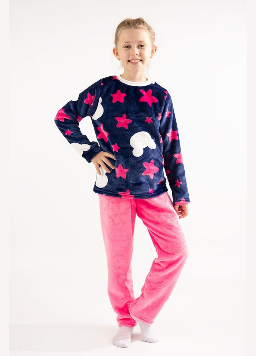Темно-синя зимня тепла піжама для дівчинки зірочки світшот + брюки Україна