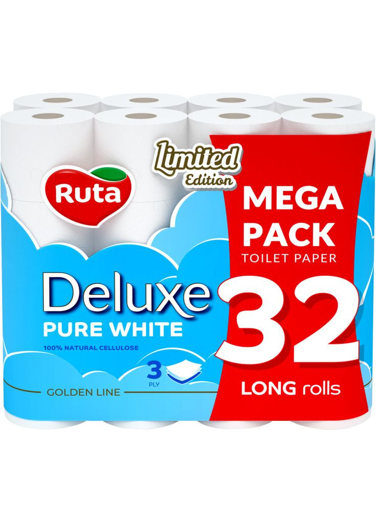 Туалетний папір Pure White Deluxe 3 шари 160 відривів 32 рулони (4820202896135) Ruta (343248703)