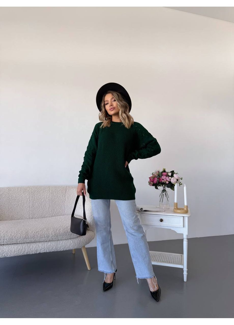 Изумрудный демисезонный женский свитер с ажурными рукавами джемпер No Brand