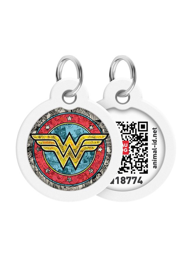 Адресник для собак и котов металлический Smart ID c QR паспортом, рисунок "Чудо-женщина 2", круг, Д 30 мм WAUDOG (330245226)