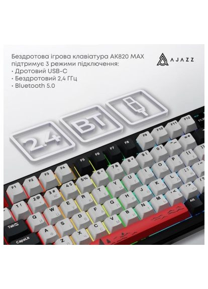 Клавиатура AK820 MAX Avocado Switch Black RGB USB/Wireless/Bluetooth UA Black (AK820MAX-AS-BG) Ajazz AK820 MAX Avocado Switch Black RGB USB/Wireless/Bl (358066706)