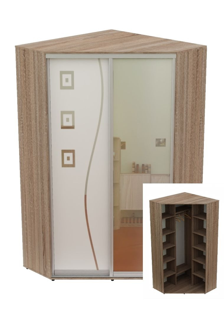 Шкаф-купе двухдверный угловой 100*100*220 Дуб Сонома трюфель Зеркало/Зеркало с пескоструйным рисунком Угол-1 Алекса (360456495)