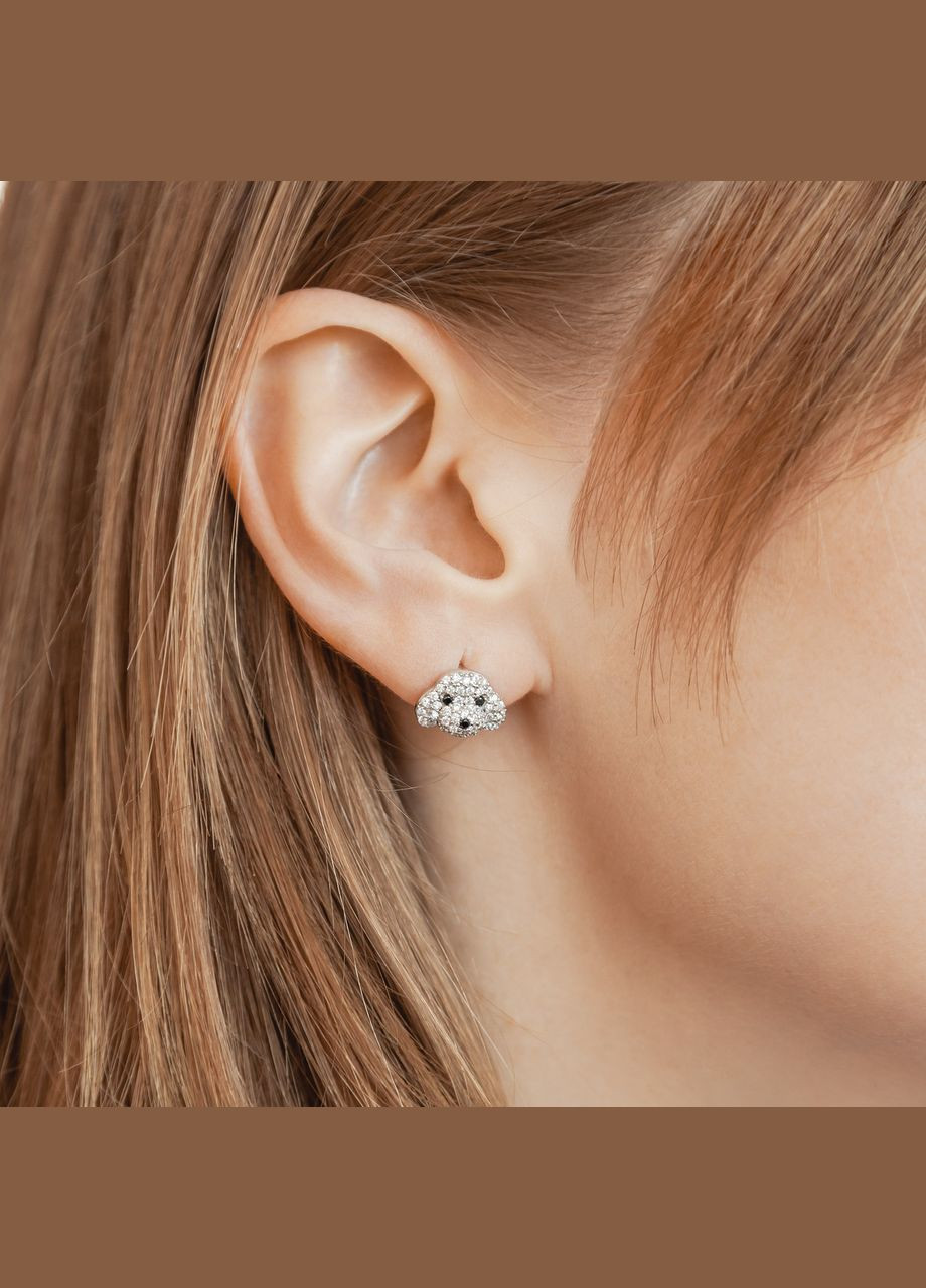 Срібні сережки пусети тематичні Песики з розсипом білих та чорних фіанітв No Brand (333705256)