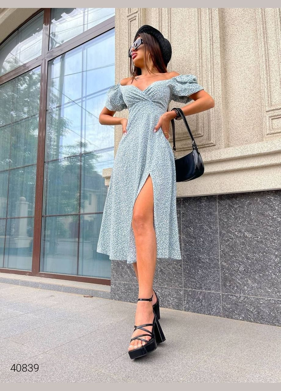 Оливкова повсякденний літня сукня з розрізом Liton з абстрактним візерунком