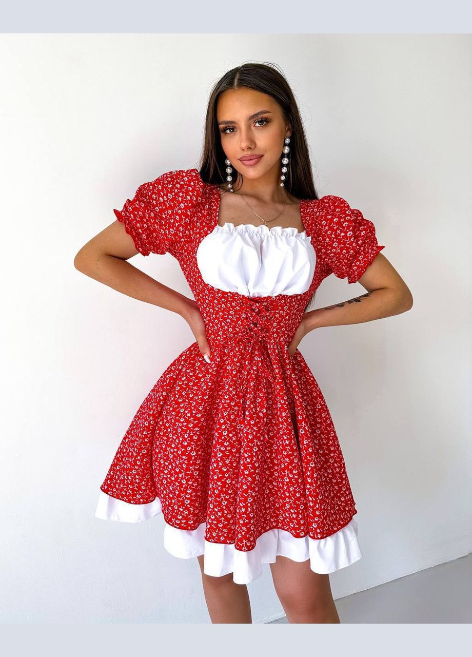 Красное женское платье с имитацией корсета и объёмной юбкой No Brand