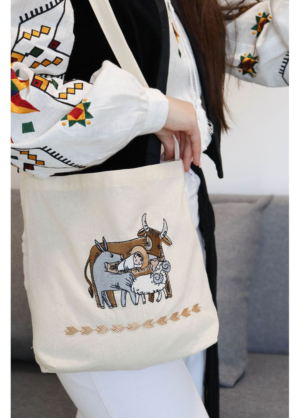 Екосумка дитяча з вишивкою (Вертеп / Різдвяна тематика) / Для посівальника / 100% бавовна, бежева, з кишенею Piccolo (369422179)