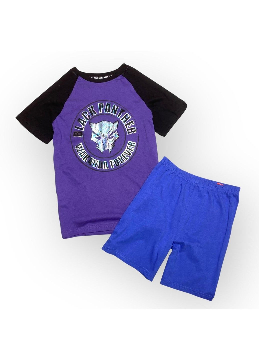 Фиолетовый костюм комплект детский летний на мальчика футболка + шорты марвел черная пантера, фиолетовый, синий, черный Primark