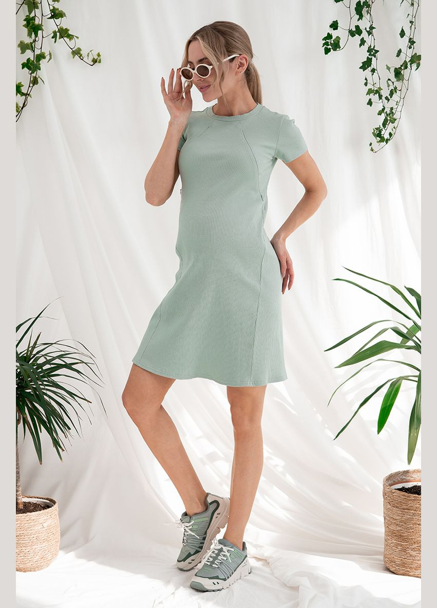 Оливковое оливковое удобное платье для беременных и кормящих из трикотажа в рубчик Юла мама