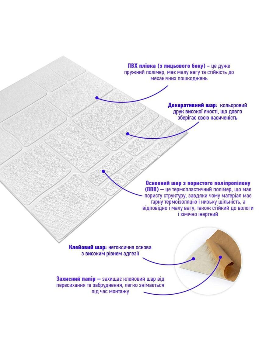 Самоклеюча 3D панель камінь білий 700х700х6мм (151) SW-00001155 Sticker Wall (300241745)