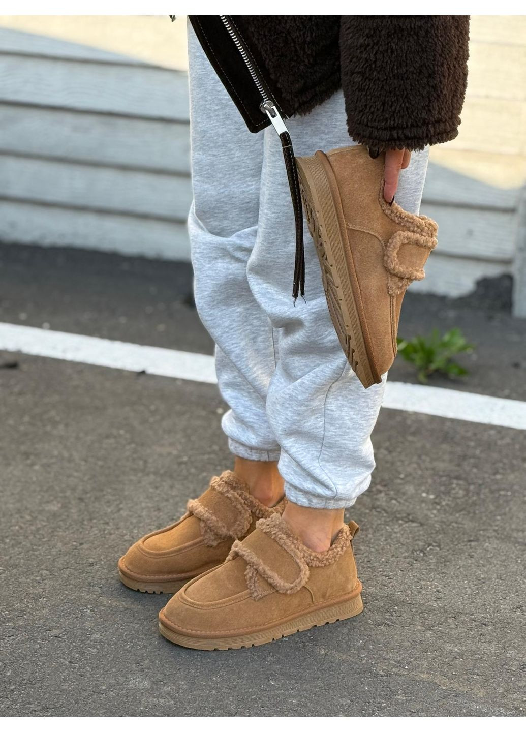 Зимние зимние женские ботинки на липучках натуральная замша теплые на меху комфортные мокасины рыжие No Brand