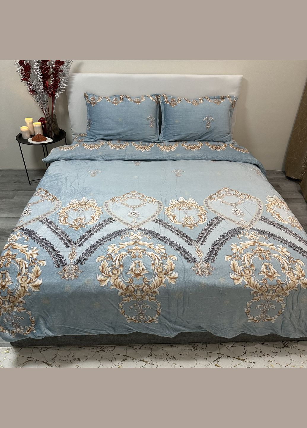 Теплий набір велюрової постільної блакитного кольору євро розмір з малюнком. Сучасна якісна постільна білизна No Brand (316591514)