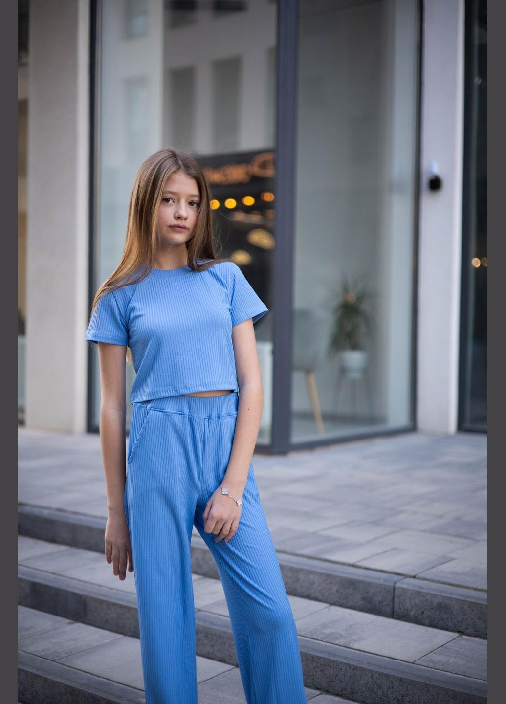 Блакитний літній к-м рубчик "палаццо+топ" брючний IRmAS