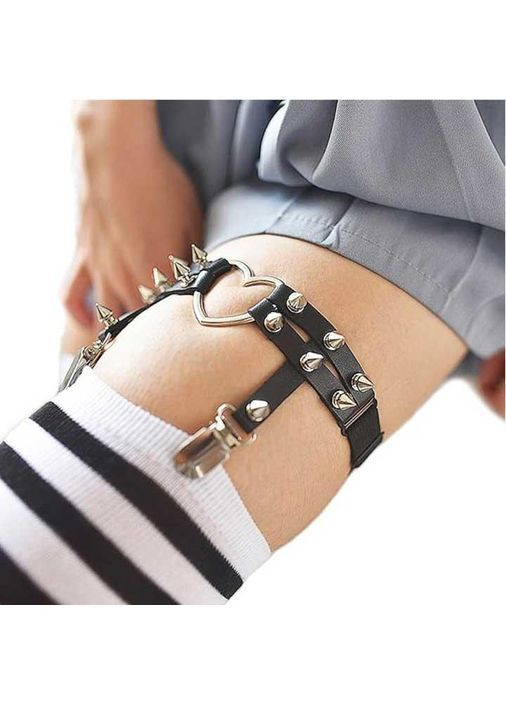 Гартер на ноги з підв'язками для панчіх, шипами та сердечком 2 шт чорний No Brand (366667608)