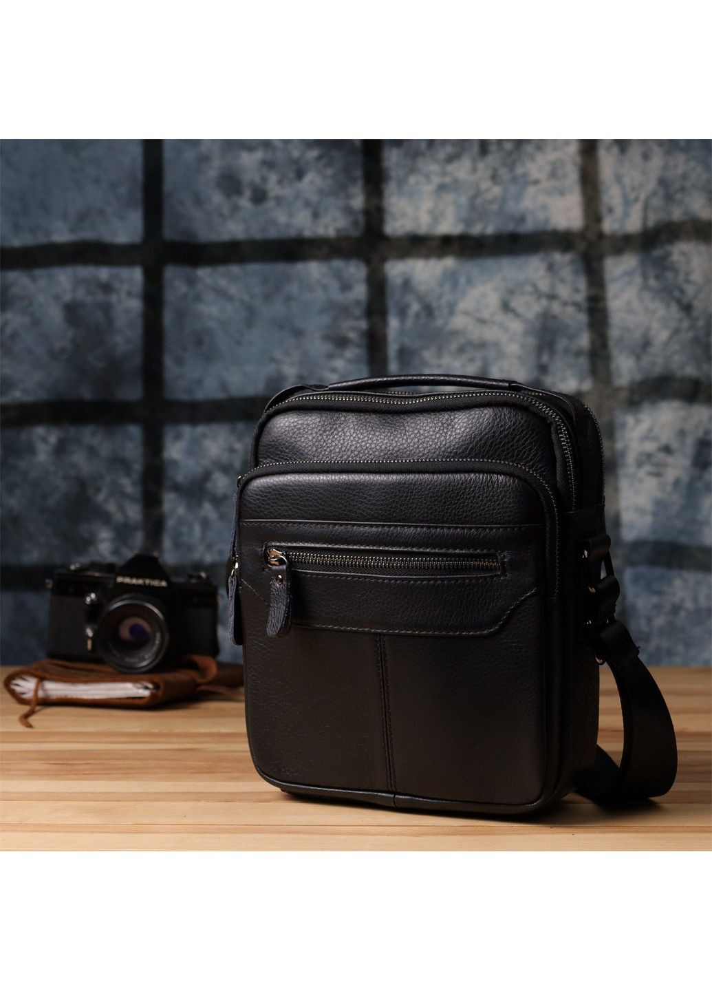 Вертикальна чоловіча сумка з натуральної шкіри 22967 Чорний Vintage (356452168)