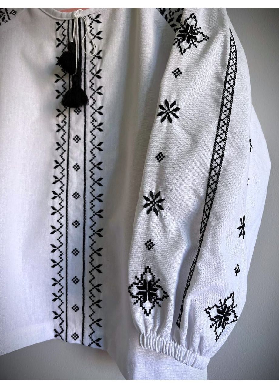 Біла вишиванка дитяча для дівчинки блуза біла в садок і школу довгий рукав V&V візерунок орнамент льон (349453529)